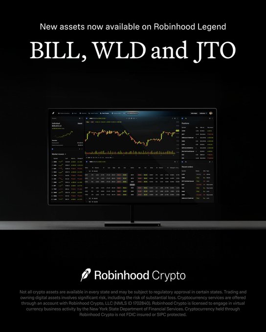 A Robinhood Legend promotional image displaying a dark-themed desktop monitor with cryptocurrency market data and charts, announcing that new assets BILL, WLD, and JTO are now available to trade, with the Robinhood Crypto logo and regulatory disclaimer at the bottom.