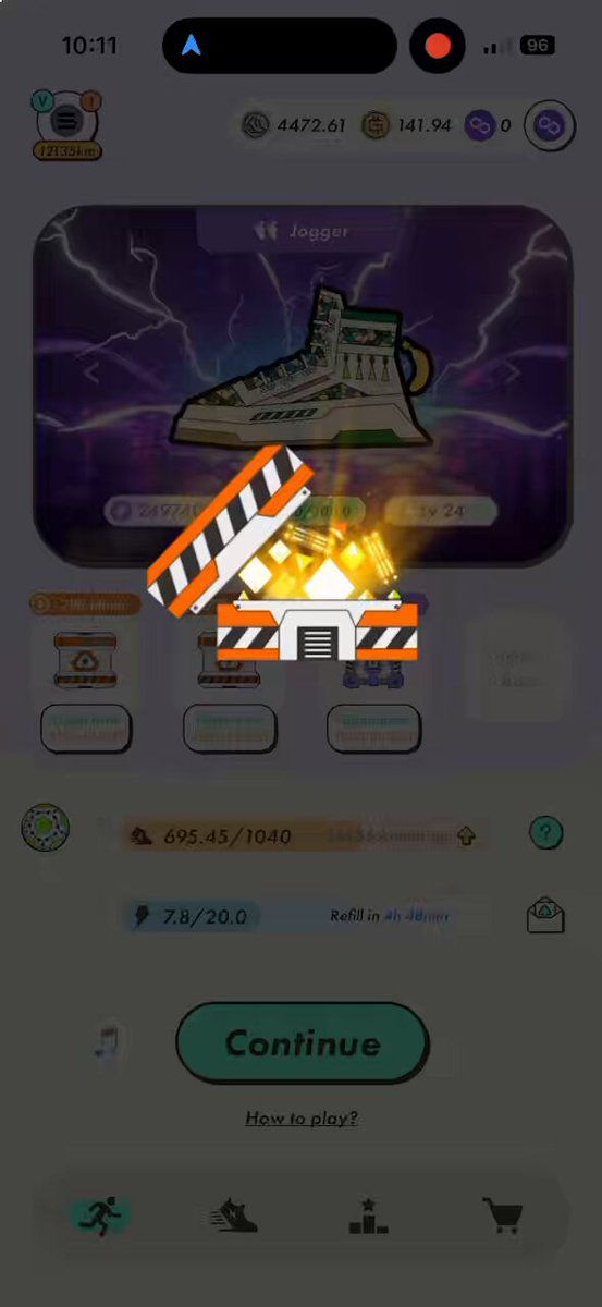 The image shows a phone screen with an open app, possibly a shopping or game app. The main focus of the image is a pair of sneakers displayed on the screen, which are orange and white. There's also a small orange box next to them that has a yellow light inside it. The background of the image features a purple sky with lightning bolts. In the bottom right corner of the image, there's a button labeled "Continue" along with some text providing instructions on how to play or complete an activity within the app.