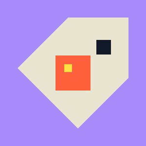 A simple geometric illustration featuring a cream-colored irregular polygon on a purple background, containing an orange square with a yellow square inside it, and a dark gray square in the upper right.