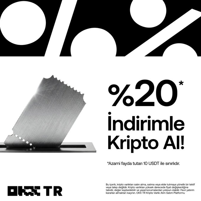A promotional banner from OKX TR advertising a 20% discount on first crypto purchases, featuring large percentage symbols and the text "%20* İndirimle Kripto Al!" with a disclaimer noting the maximum benefit is capped at 10 USDT. The accompanying post invites users to take advantage of this limited-time offer to buy crypto at a discount after missing earlier market gains, directing them to the OKX TR campaign page.