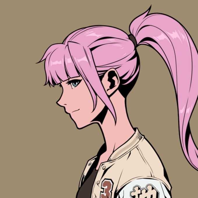 An anime-style illustration of a young woman with long pink hair tied in a high ponytail, wearing a white jacket with red detailing.