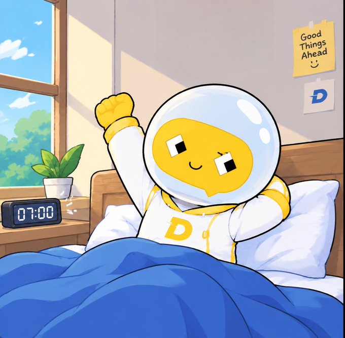 An illustration of a cute yellow and white astronaut character wearing a spacesuit with a "D" logo, waking up cheerfully in bed with a digital clock showing "07:00" and a "Good Things Ahead" note on the wall.