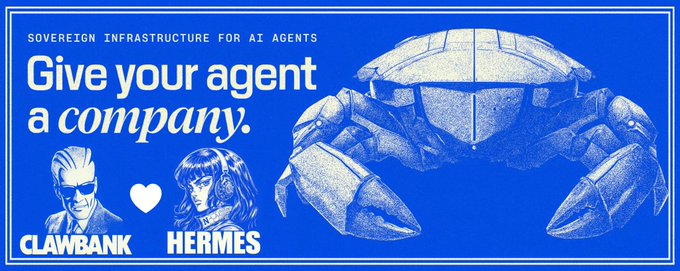 The image is a promotional banner reading "SOVEREIGN INFRASTRUCTURE FOR AI AGENTS" with the tagline "Give your agent a *company*," featuring logos for "CLAWBANK" and "HERMES" alongside a stylized illustration of a crab-like robotic vehicle. The post celebrates these features—Fleet-compatible policy engine, one-command Hermes onboarding, and the "Text-Manfred" deployment of Zero-Human Company (ZHC)—as building blocks toward the bold concept shown in the banner of autonomous AI agents operating their own companies.