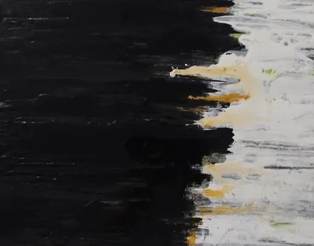 An abstract painting features thick black brushstrokes on the left side contrasted with a textured, peeling white and gold surface on the right.
