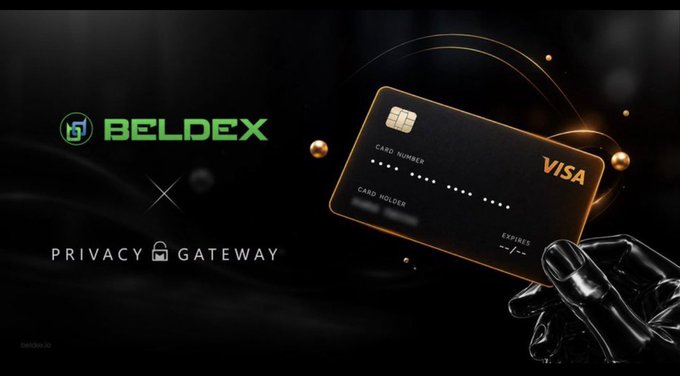 An advertisement for 'BELDEX' showing a black Visa card held by a robotic hand alongside the text 'PRIVACY GATEWAY'.