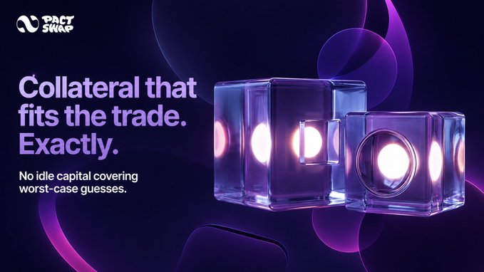 A promotional graphic for 'PNCT SWAP' reading 'Collateral that fits the trade. Exactly. No idle capital covering worst-case guesses,' featuring glowing translucent purple cubes.