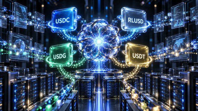 A futuristic digital scene shows a glowing central energy core connected by light streams to four labeled tokens—USDC, RLUSD, USDG, and USDT—surrounded by holographic screens and server racks, visually symbolizing how AI agents will need stablecoins and digital infrastructure to autonomously handle payments, permissions, and spending as envisioned in the BlackRock thesis.