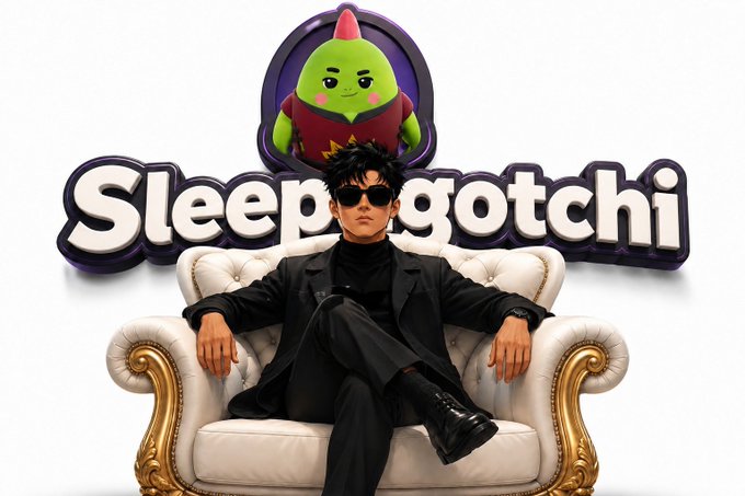 A man in a black suit and sunglasses sits on an ornate white and gold couch in front of a 'Sleepagotchi' logo featuring a green character wearing a red cone hat.