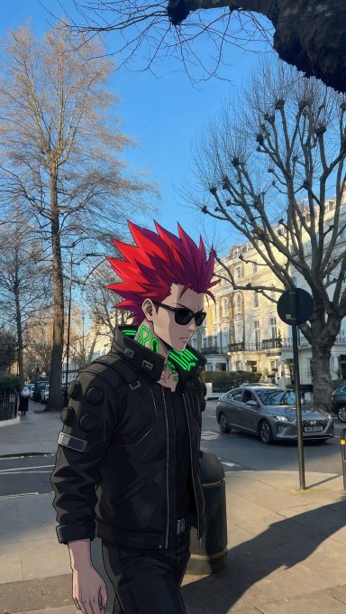 An anime-style character with spiky red hair, sunglasses, a black jacket, and glowing green headphones stands on a European city street.