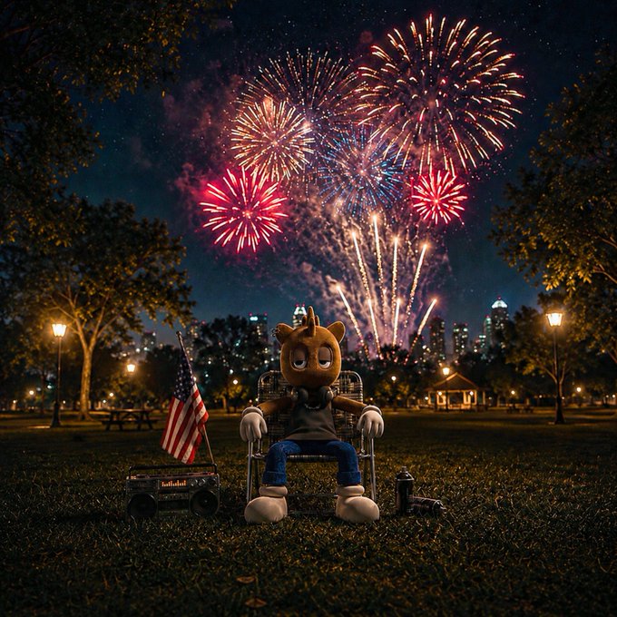 A stylized nighttime scene featuring a Sonic the Hedgehog character sitting in a lawn chair in a park, with an American flag wagon nearby and a city skyline lit by a large fireworks display in the background.