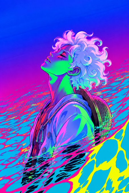 A vibrant digital illustration of a person with white curly hair looking upward, depicted with neon green and pink lighting against a colorful background of blue, pink, and yellow patterns.