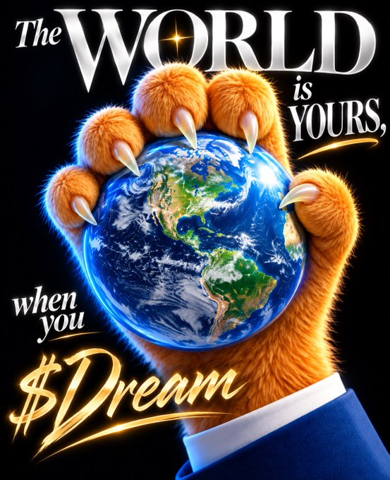 A motivational poster featuring a furry orange paw grasping the Earth, with the text 'The WORLD is YOURS, when you $Dream' in stylized gold and white lettering.