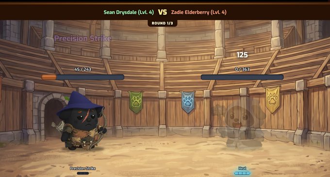 A video game battle screen showing a fight between 'Sean Drysdale (lvl. 4)' and 'Zadie Elderberry (lvl. 4)' in Round 1/3, with the 'Precision Strike' ability being used by a cat character on the left.