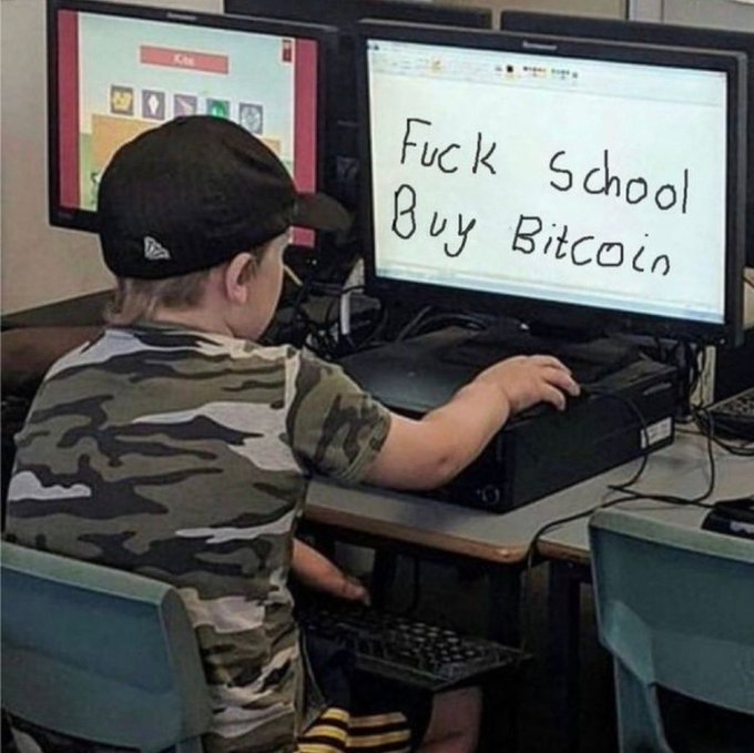 A young child wearing a camouflage shirt and a backwards black cap sits at a computer desk, displaying a digital whiteboard with the handwritten message 'Fuck School Buy Bitcoin'.