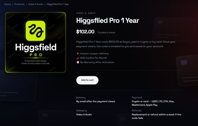Product page for 'Higgsfield Pro 1 Year' video and audio software priced at $102.00, available via Keygo with payment options including crypto or card.
