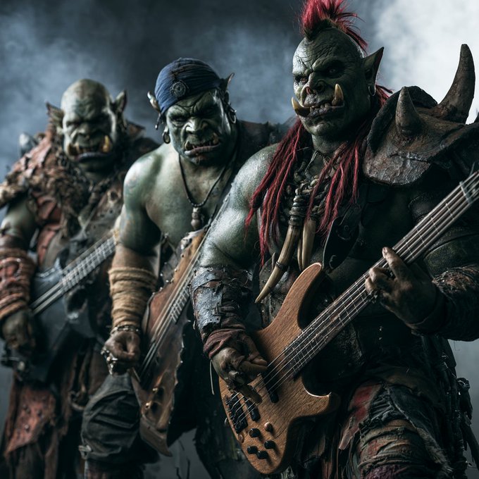A fantasy-style digital illustration of three green-skinned orcs wearing armor and playing electric guitars, with red hair on the lead orc.