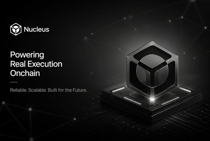 A sleek black promotional banner for 'Nucleus' featuring a 3D hexagonal cube, with the tagline 'Powering Real Execution Onchain — Reliable. Scalable. Built for the Future.'
