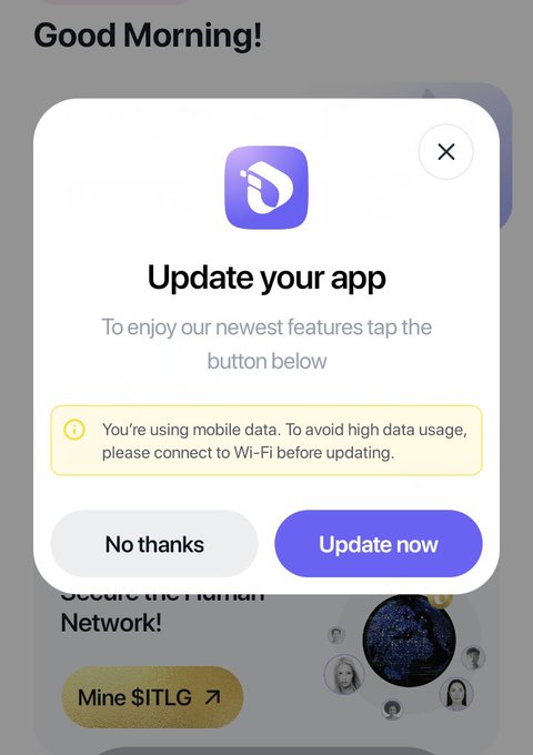 An app update prompt for $ITLG (inter_link) advising users to update via Wi-Fi, contextualized by the post hinting at a major upcoming announcement for @inter_link and the $ITL token.