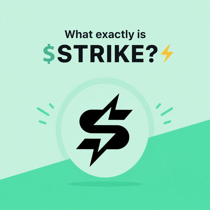 A graphic asking "What exactly is $STRIKE?" features a black lightning bolt "S" logo on a teal and white background.
