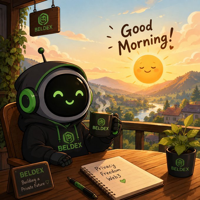An illustrated 'Good Morning!' scene featuring a cute robot character wearing a black hoodie with 'BELDEX' branding, holding a steaming coffee mug. A notebook reads 'Privacy Freedom Web3' and a sign says 'BELDEX Building a Private Future'.