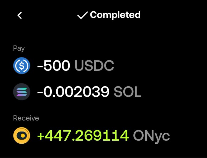 A completed transaction screen showing a swap of -500 USDC and -0.002039 SOL (network fee) in exchange for +447.269114 ONyc tokens. The image confirms the $500 USDC to ONyc swap mentioned in the post, visually documenting the successful exchange on Onre Finance.
