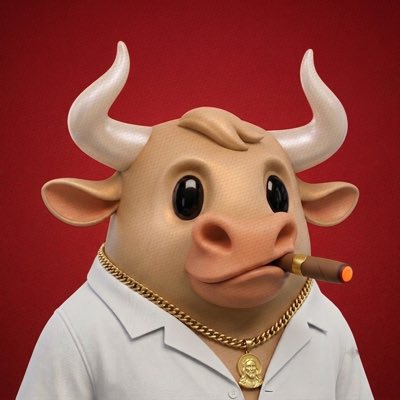 A 3D-rendered cartoon-style bull character with large white horns wears a white collared shirt, a gold chain necklace with a pendant, and smokes a brown cigar against a dark red background.