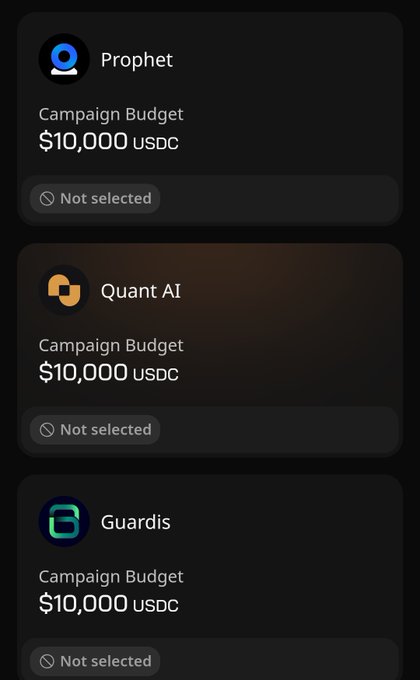 The image shows a phone screen displaying three different campaign budgets, with one of them being $10,000 USDC. The other two budgets are not selected, which means they have been chosen by someone else or haven't been chosen yet. The text on the screen reads "Campaign Budget", and it appears that the person who chose these budgets has already made their decision.