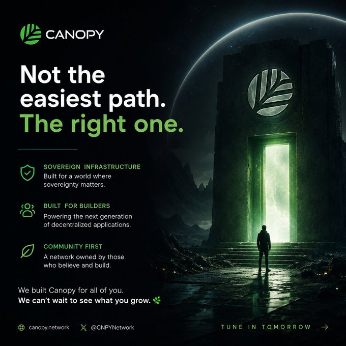 A promotional graphic for the Canopy Network featuring a futuristic glowing green doorway on a dark, rocky planet. Text reads 'Not the easiest path. The right one.' with points on Sovereign Infrastructure, Built for Builders, and Community First.