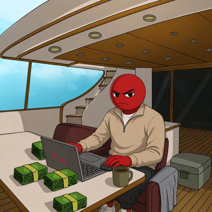 The image features a man sitting at a desk with a laptop computer open in front of him, surrounded by stacks of money. The man appears to be working or studying while being paid to do so. A cup of coffee sits next to his workstation, suggesting that he is likely spending long hours at the desk. 

The post includes a reference to GM CT and the phrase "Happy weekend everyone". This could indicate that the image was taken during the weekend when people are more likely to be working from home or engaging in leisure activities online. The man's presence on the boat suggests he might be working remotely, possibly for an online business related to boating or fishing.