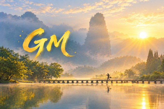 A beautiful landscape painting or digital artwork showing a person walking across a bridge over a calm lake at sunrise or sunset, with golden text "GM" overlaid on misty mountains.