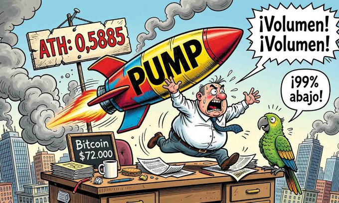 A cartoon illustration depicting a panicked man fleeing from a rocket labeled 'PUMP', with signs showing 'ATH: 0,5885', 'Bitcoin $72,000', and shouts of '¡Volumen! ¡Volumen!' and '¡99% abajo!'.