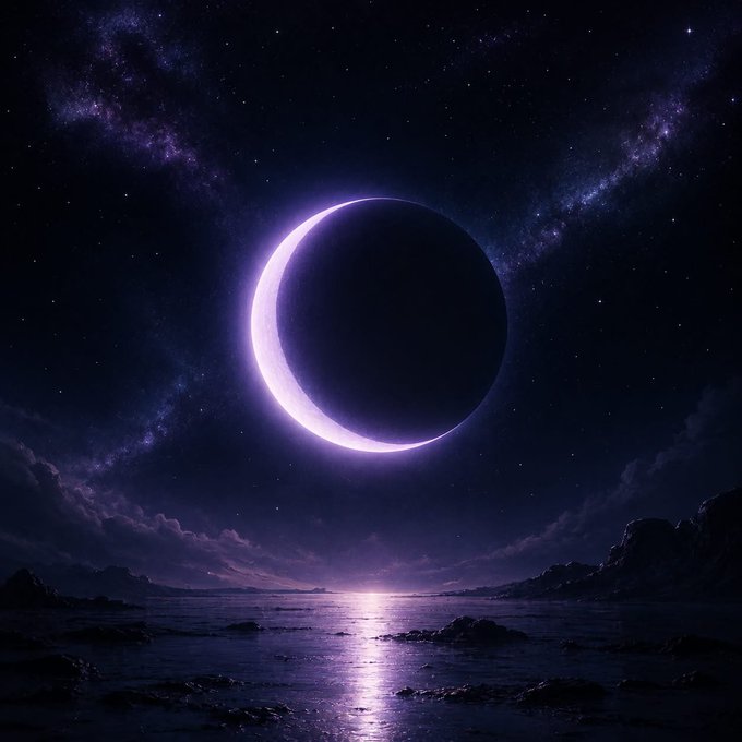A digital artwork depicting a glowing crescent in a purple night sky over a calm body of water reflecting the light, surrounded by a starry galaxy.