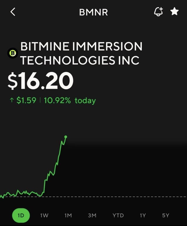 A stock chart for BITMINE IMMERSION TECHNOLOGIES INC (ticker BMNR) showing a price of $16.20, up $1.59 or 10.92% for the day.