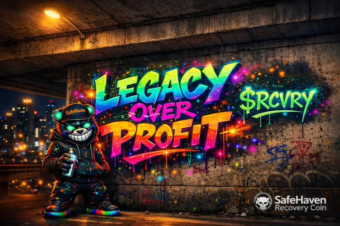 Graffiti-style advertisement for SafeHaven Recovery Coin ($RCVRY) featuring colorful 'LEGACY OVER PROFIT' text on an urban wall alongside a cartoon mascot character, with the SafeHaven logo in the corner.