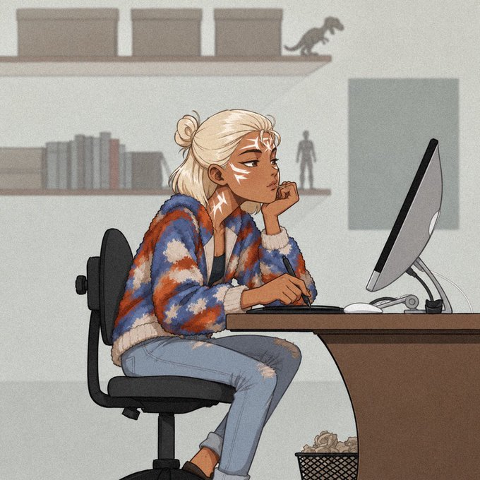 A digital illustration of a blonde woman with white face markings sitting at a desk, working on a computer while wearing a blue and red star-patterned sweater.