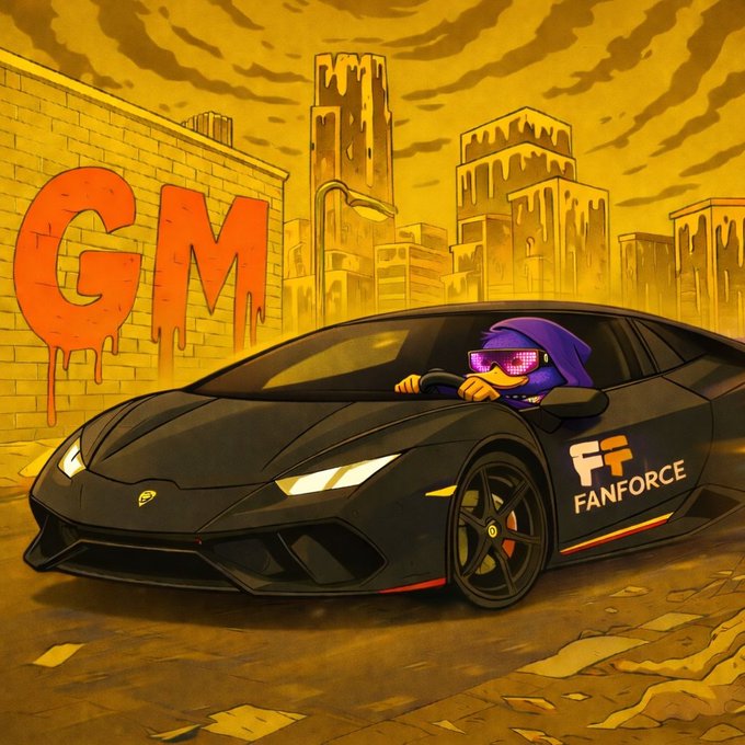 Cartoon-style illustration of a masked character driving a black Lamborghini with 'FF FanForce' branding, set against a yellow cityscape with 'GM' graffiti.