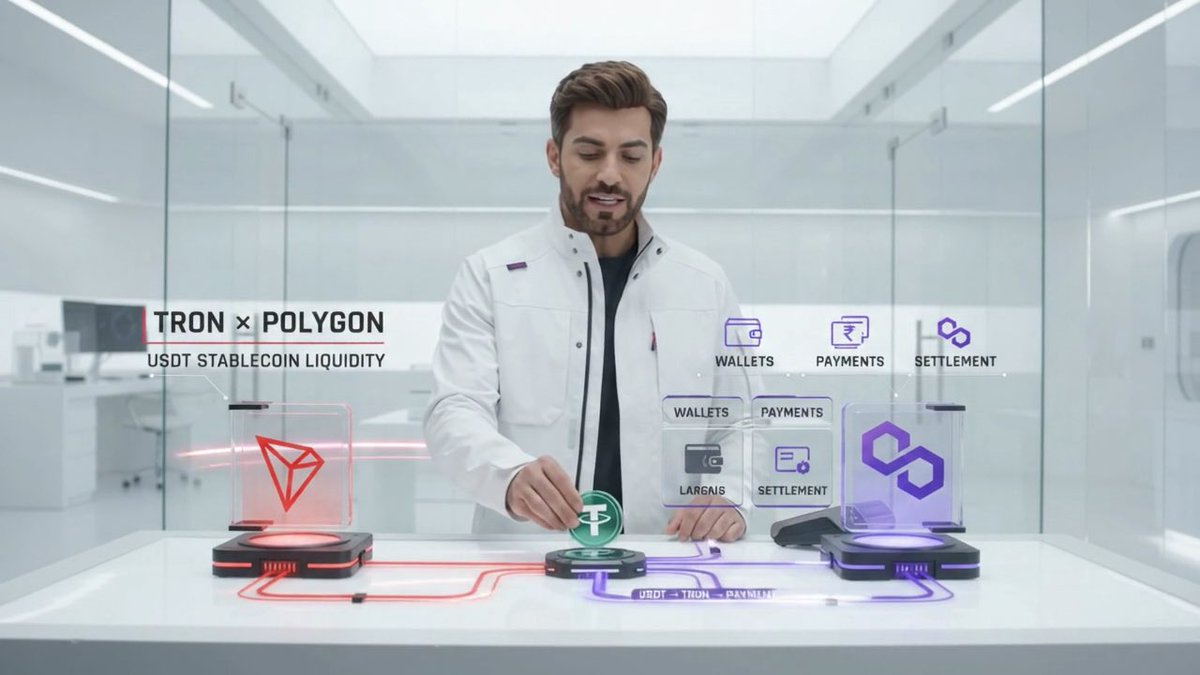 A man in a futuristic lab setting interacts with holographic displays showing "TRON × POLYGON USDT STABLECOIN LIQUIDITY" alongside icons for "WALLETS," "PAYMENTS," and "SETTLEMENT," illustrating the seamless transfer of stablecoin liquidity between the two blockchain networks. The TRON and Polygon logos glow on either side, visually reinforcing the post's message about bridging cross-chain stablecoin liquidity for real-world payment applications.