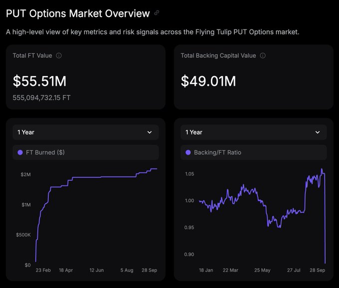 A 'PUT Options Market Overview' dashboard displaying Total FT Value of $55.51M and Total Backing Capital Value of $49.01M, along with two line charts showing FT Burned and Backing/FT Ratio over a 1-year period.