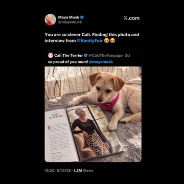 Maye Musk quotes a tweet from @CallTheTerrier showing her dog reading a Vanity Fair magazine, playfully acknowledging the memecoin $CALI inspired by her pet. The post, dated 9/19/25, shows her dog wearing a pink harness while "reading" the magazine feature on her.