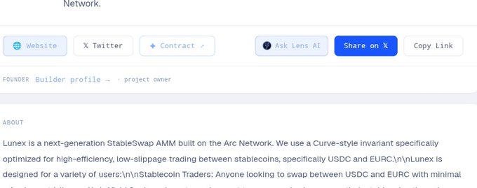 The image shows a project page for **Lunex**, a StableSwap AMM on the Arc Network, featuring buttons for Website, Twitter, Contract, and the newly highlighted **"Ask Lens AI"** option alongside sharing tools. The post highlights the launch of Lens AI on every project page, which directly corresponds to the "Ask Lens AI" button visible on Lunex's page, enabling users to query onchain data directly through an integrated AI agent.