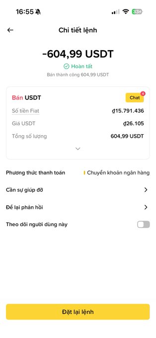 A mobile trading app screen in Vietnamese showing a completed order detail ('Chi tiết lệnh') of -604.99 USDT for selling USDT, with fiat balance of 15,791,436 and a yellow 'Đặt lại lệnh' (Reset order) button.