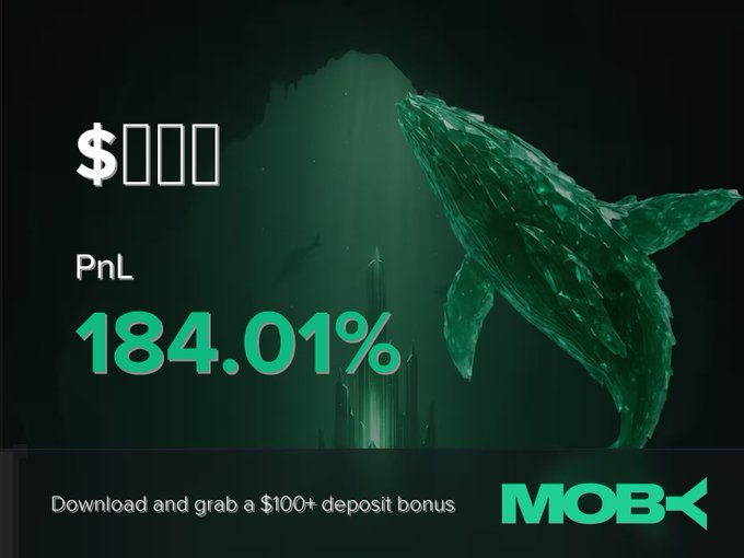 A promotional graphic for Moby Mobile featuring a glowing green whale with the text "PnL 184.01%" and a call to "Download and grab a $100+ deposit bonus," highlighting a trader's profitable position of +184.01% on the $滑る猫 token.