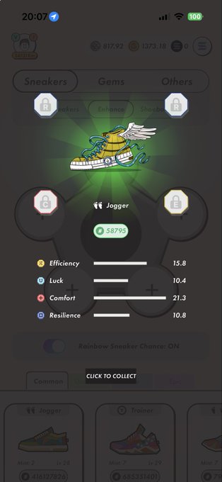 A mobile game screenshot displays a sneaker character called "Jogger" with stats for Efficiency (15.8), Luck (10.4), Comfort (21.3), and Resilience (10.8), along with a "CLICK TO COLLECT" button.