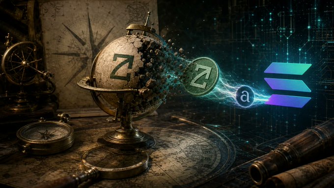 A digital artwork shows a fragmented vintage globe with a 'Z' symbol transforming into digital energy particles flowing toward a Solana logo and emblem.