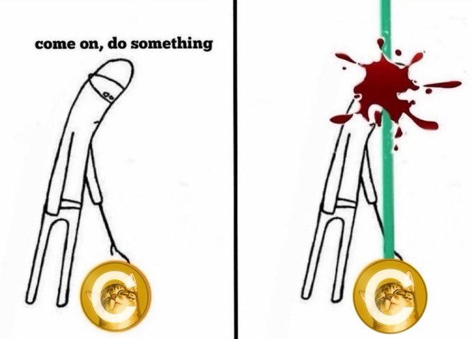 The meme shows a figure pleading "come on, do something" before being hit by a green line and exploding, with a $CATE coin below it. This depicts how $CATE holders feel while waiting for the coin to increase in value.