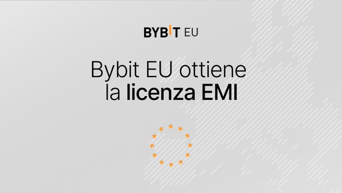 A graphic with the BYBIT EU logo stating 'Bybit EU ottiene la licenza EMI' (Bybit EU obtains EMI license) next to a circle of yellow stars.