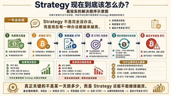 A Chinese infographic titled "Strategy 现在到底该怎么办?" outlines a six-step survival strategy for Strategy (formerly MicroStrategy): securing cash first, then issuing BTC, using common stock ATMs, buying back STRC at discounts, lowering STRC strike prices, and only reluctantly selling BTC as a last resort. It contrasts market re-rating versus downturn scenarios and emphasizes that the key is whether Strategy can continue financing, not daily price swings. The image aligns with the post noting MSTR's $25 million STRC buyback at $86.52/share and plan to keep repurchasing while STRC trades below $100.