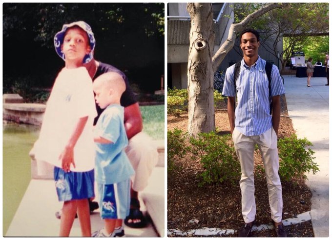 A side-by-side photo comparison showing a young boy in a bucket hat standing next to another child by a pool, contrasted with a photo of the same smiling young man now grown up, wearing a striped shirt and backpack in a campus setting.