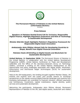 A press release document titled 'The Permanent Mission of Pakistan to the United Nations' dated 11 September 2026, discussing Ambassador Asim Iftikhar Ahmad's participation in the Pakistan-Hosted Event on Inclusive, Responsible Digital Finance.