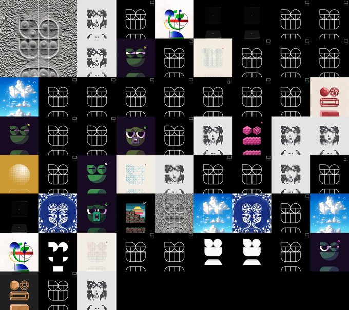 A grid collage featuring various digital art tiles and designs, including minimalist face icons, pixelated graphics, blue skies, and 3D rendered objects.